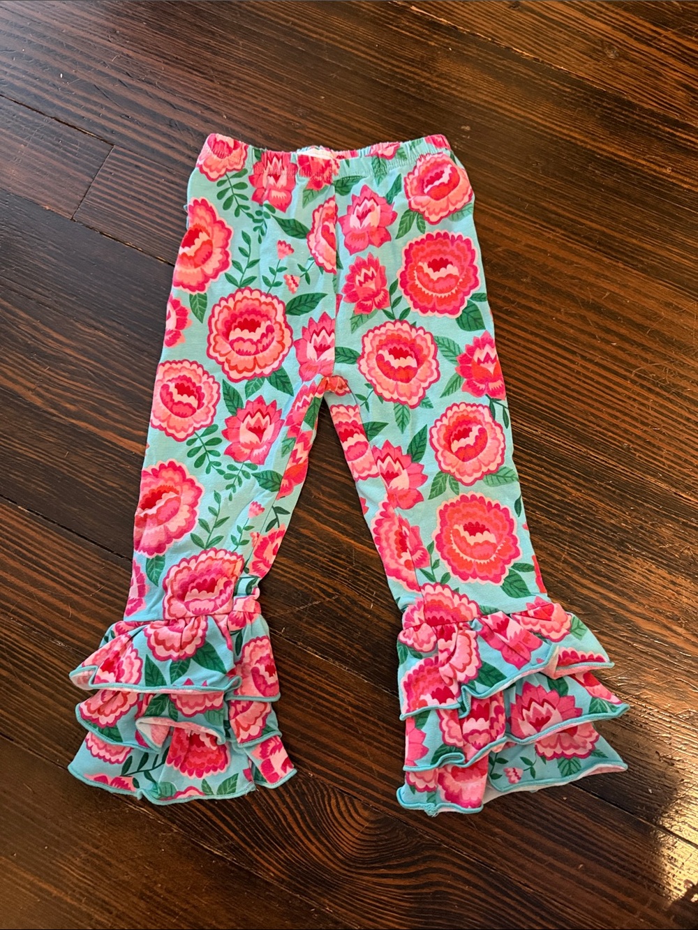Ruffle Butts Aqua Leggings with Pink Floral Ruffle Hems